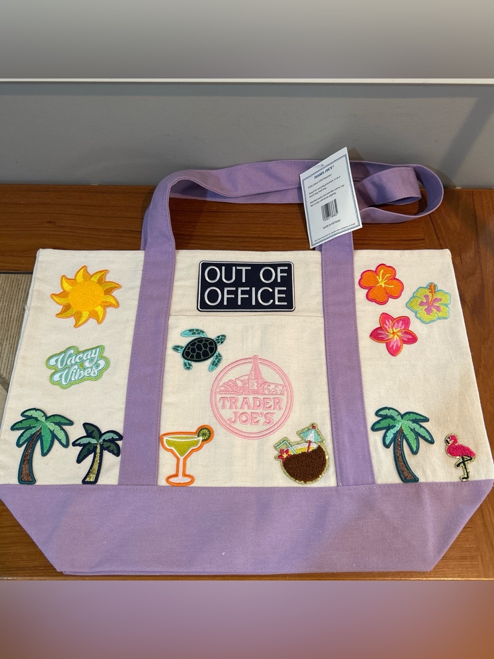Upcycled Trader Joe's 'Out of Office' Larger Size (Approx 14” x 20”) Vacay Tote